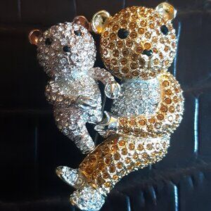 Mama & Baby Bear Gold and Silver Tone Rhinestone Vintage Brooch